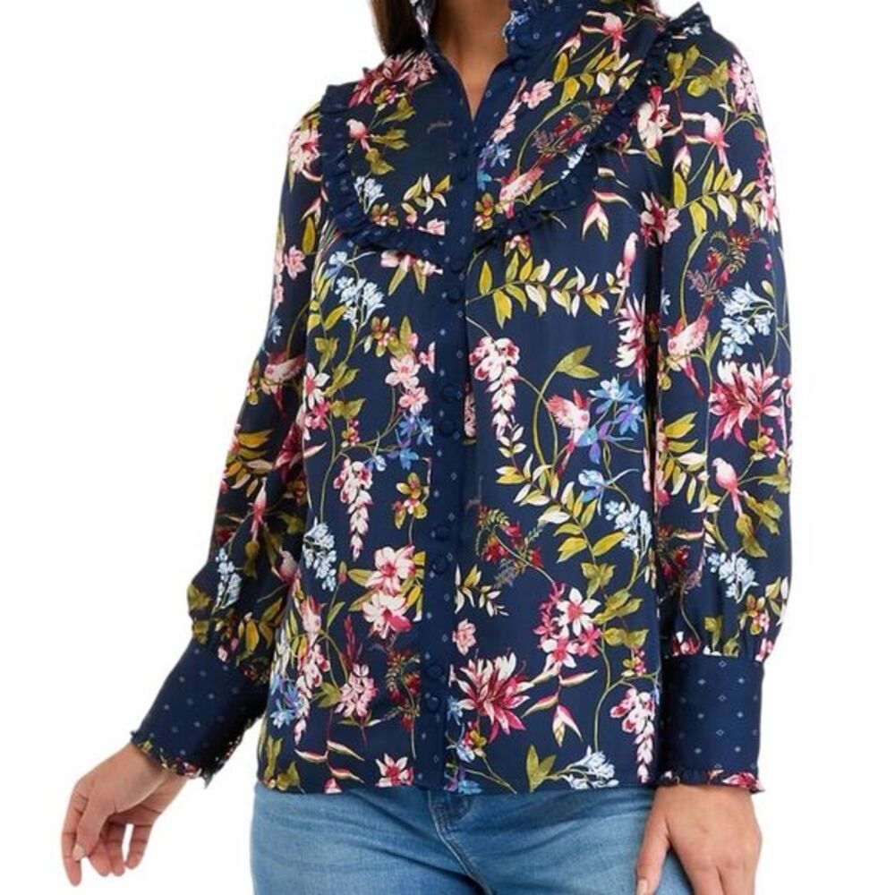 Biltmore Women's XS Floral Bohemian Blouse Long Sleeve Ruffle Yoke